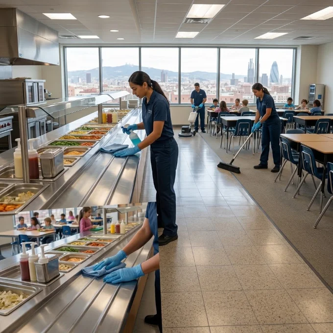Personal de Netiacc limpiando el comedor de un centro educativo
