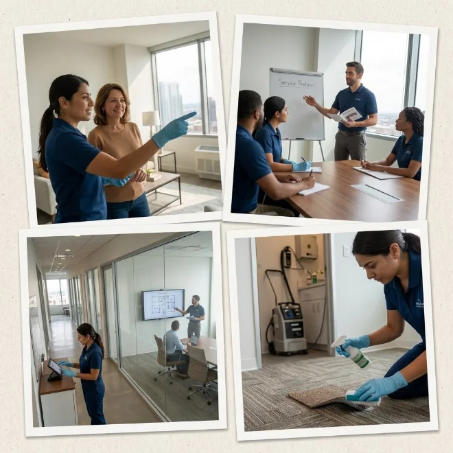 Equipo de Netiacc realizando tareas de limpieza y coordinación en un edificio